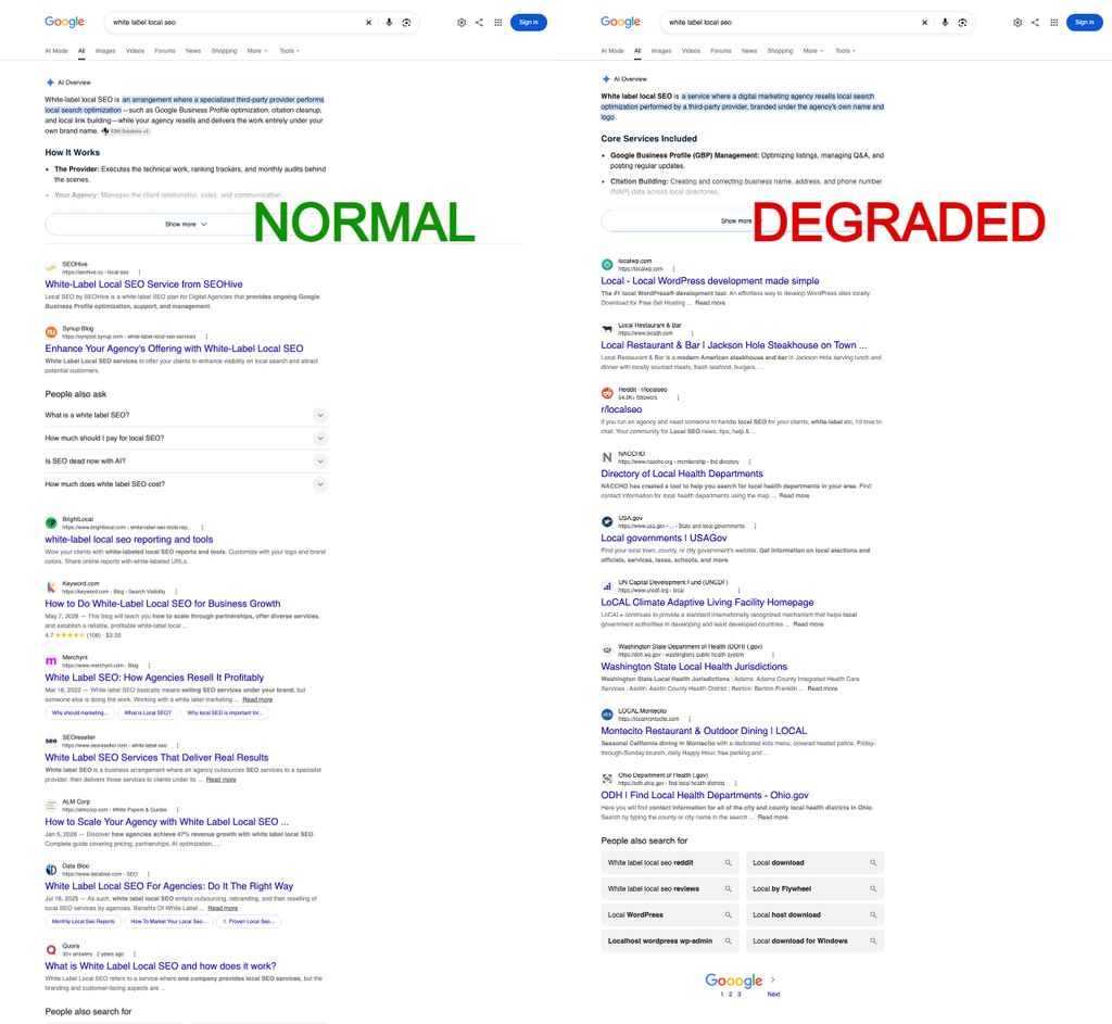 white label local seo normal and degraded - full serp page